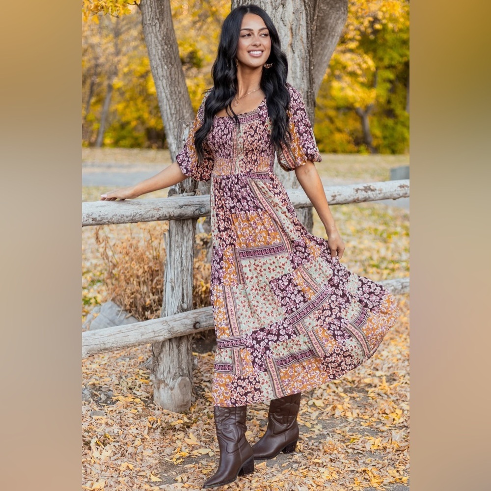 NWT Boho Mixed Floral Patchwork Print Smocked Balloon Sleeve Maxi Midi Dress - Picture 9 of 9